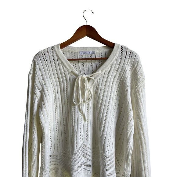 New! JUSTFAB Size Large Cream V-Neck Tie Front Pullover Cropped Sweater - Picture 2 of 11